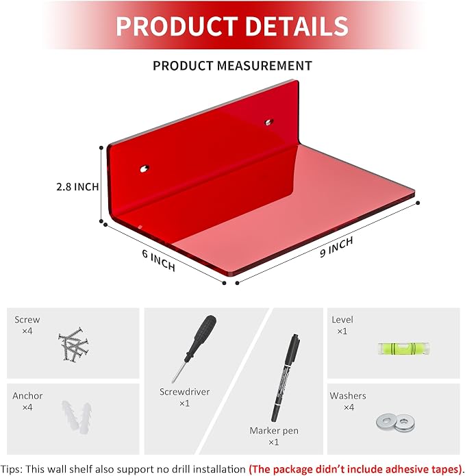 Sezanrpt 9 Inch Red Acrylic Small Wall Shelf, Home Wall Display Ledges for Storage, Room Décor, Space Saving, Items Organizer, 2 Pack