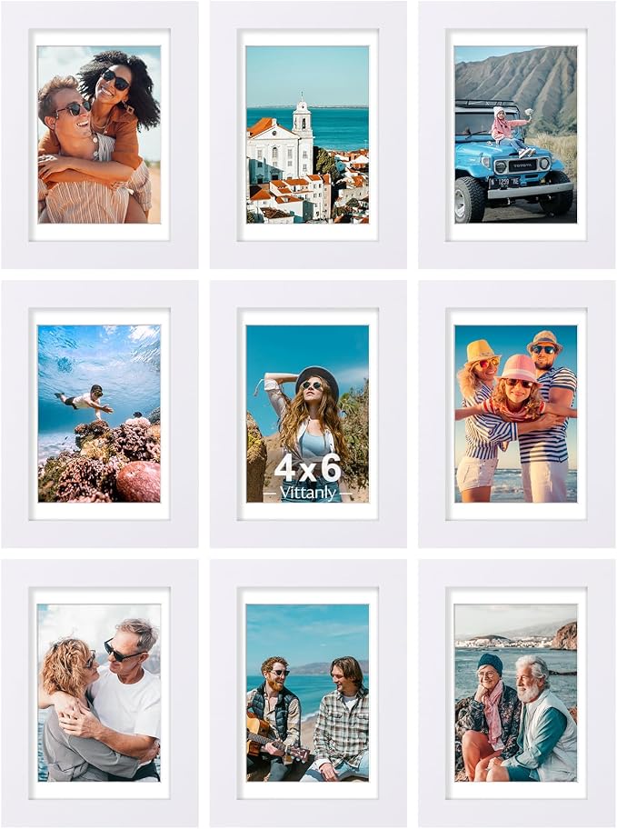 Vittanly 4x6 Picture Frames Set of 9 for Wall or Tabletop Display, White | Display Pictures 3.5x5 with Mat or 4x6 without Mat, Small Photo Frames, Engineered Wood with Shatter Resistant Plexiglass