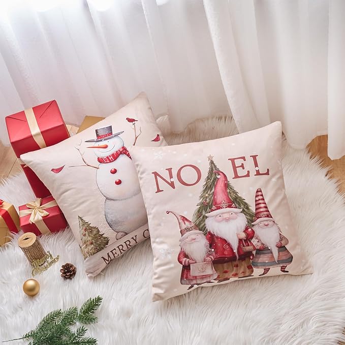 Christmas Throw Pillow Covers Set of 4 for Living Room, Soft & Cozy Velvet, Snowman, Star, Snowflake, Tree Cushion Cover, Festival Sytle Decorative Home (Christmas, 18x18 Inch)