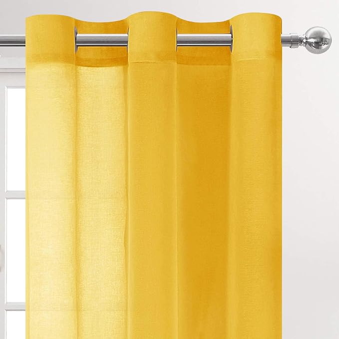 DWCN Yellow Faux Linen Sheer Curtains - Grommet Voile Window Curtain Drapes for Bedroom Living Room 46 x 45 inch Length, Set of 2