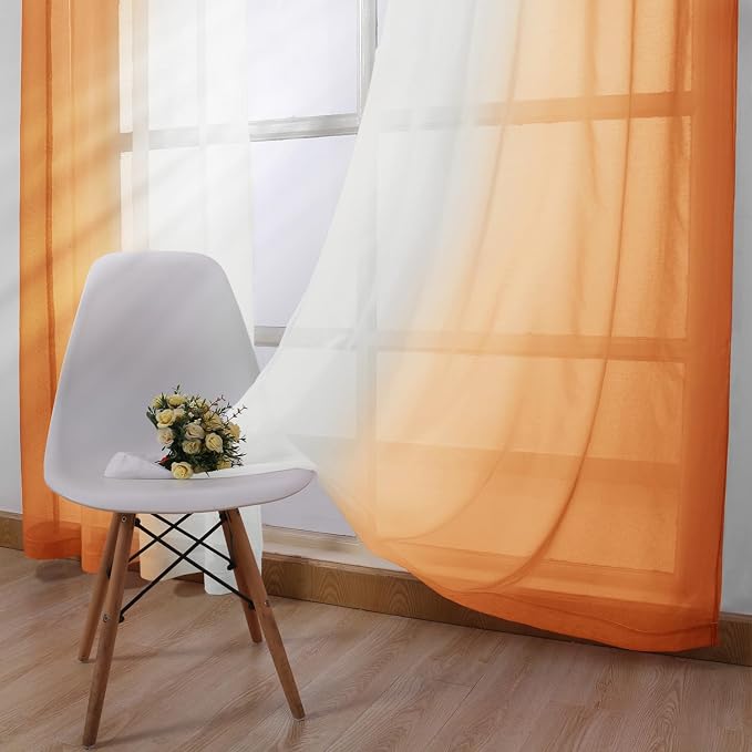 DWCN Ombre Faux Linen Extra Long Fall Sheer Curtains - Semi Voile Gradient Grommet Top Curtains for Bedroom and Living Room, 52 x 108 Inches Long, Set of 2 Window Curtain Panels, Sunset Orange