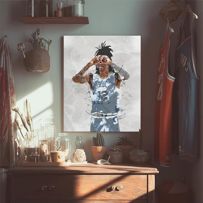 Ja Morant Basketball Canvas Wall Art, Sports Player Poster, 12x16 Inch | Abstract splash ink athletic artwork, motivational sports wall decor for teen boys room, bedroom, living room, gym or office