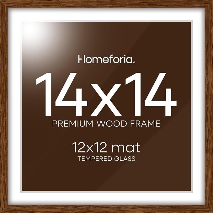 Homeforia 14x14 Brown Oak Picture Frame, High-End Wood, 12x12 Mat, Glass