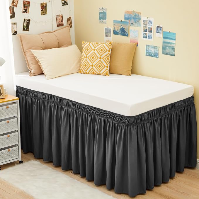 Dorm Bed Skirt Twin XL 32" Drop, College Dorm Room Essentials, Dark Grey | Solid ruffled, Wrap-around/elastic, Wrinkle & Fade resistant, with Adhesive Strips, Gift Packed, Machine Wash/Tumble Dry/Iron