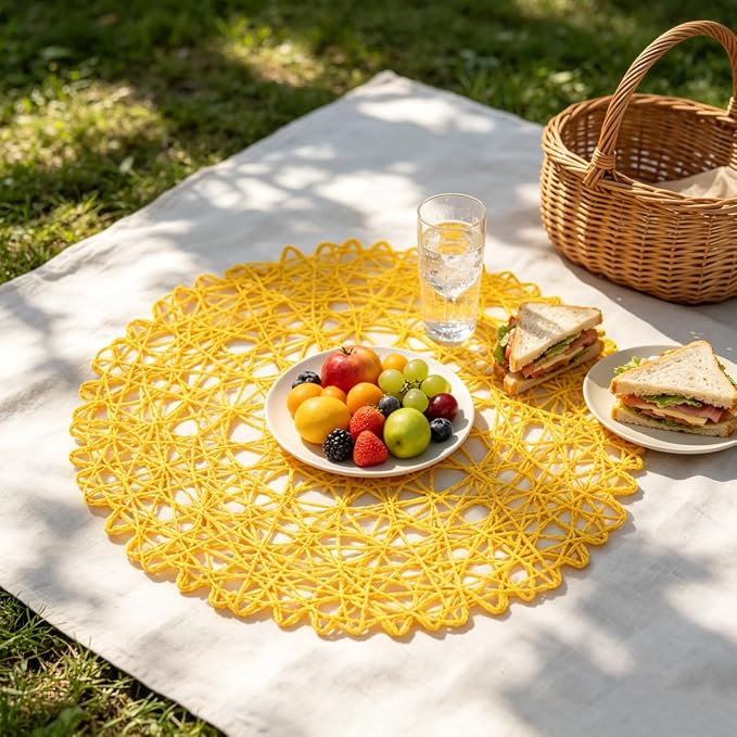 IcosaMro Yellow Round Placemats Set of 12 for Dining Table, 13 Inches Paper Woven Boho Small Decorative Circle Place Mat for Wedding Christmas Thanksgiving Day Holiday Dinner, Yellow