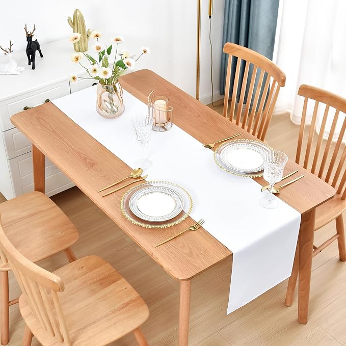 Faux Linen Table Runner Water Resistant 13 x 72 in, White | Farmhouse Rustic Table Runners, Coffee Table Runner, Dresser Runners for Bedroom, Living Room, Kitchen, Dining, Party