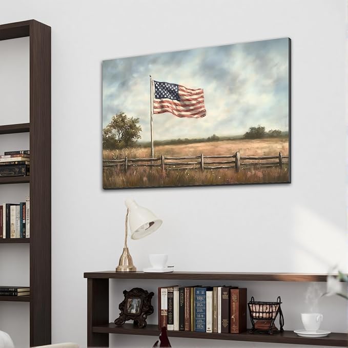 Framed Vintage American Flag Field Wall Art, Patriotic Rustic Canvas Art Pictures, USA Flag Wall Decor for Living Room Farmhouse Garage, Ready to Hang Made in USA