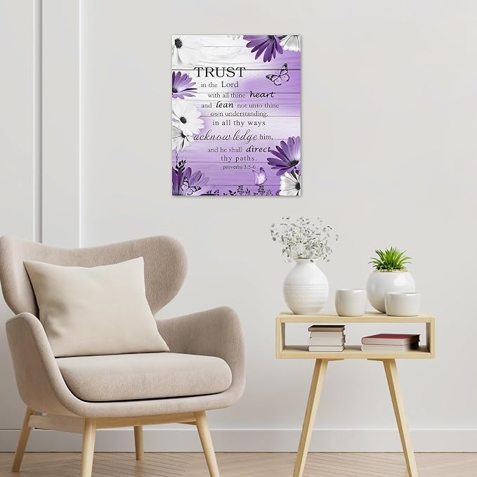 LB Rustic Purple Floral Wall Art for Bathroom Bible Verse on Vintage Grey Wood Canvas Wall Art Wall Paintings Home Decor Daisy Wall Pictures for Living Room Bedroom Office Ready To Hang,12x12 Inch