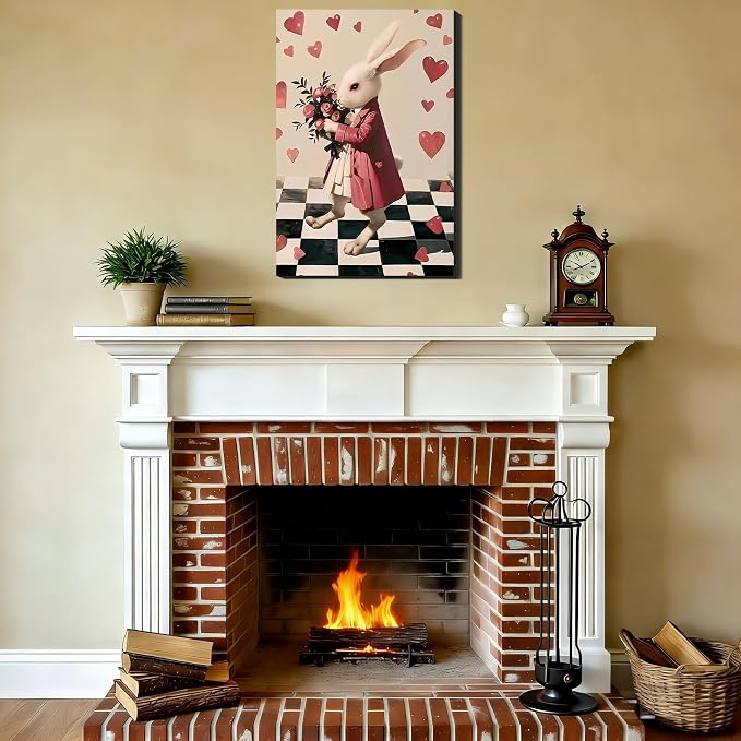 Whimsical Easter Bunny Large Canvas Art 20x30, Romantic Framed Rabbit Picture for Hallway, Bedroom, Light Spring Heart Pictures for Easter Dinning Room Home Wall Decoration