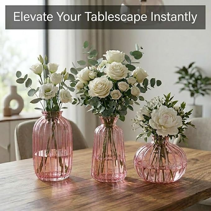 Glass Bud Vases Set of 3,Small Pink Flower Vases for Wedding Centerpiece Table Decorations,Vintage Mini Vase,Flower Arrangements in Vases for Party or Home Decor (Pink)