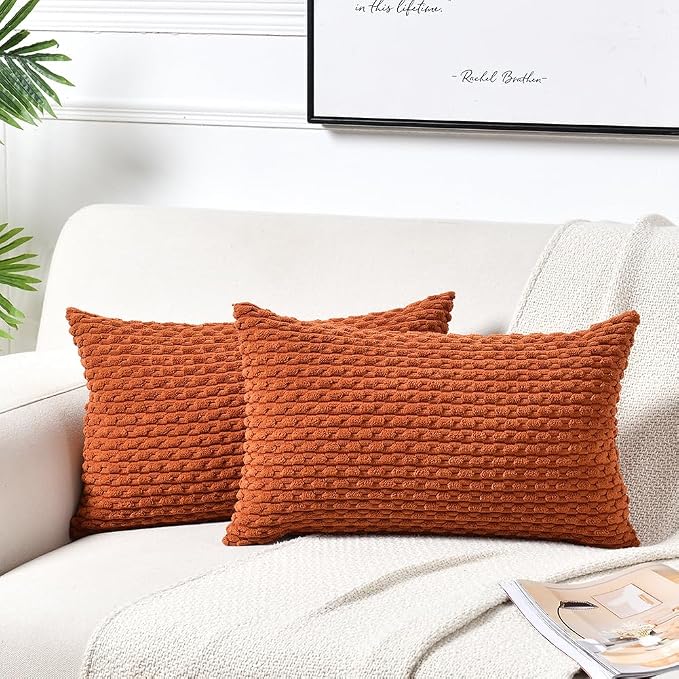 Fancy Homi 2 Packs Rust Decorative Throw Pillow Covers 12x20 Inch for Couch Bed Sofa, Modern Farmhouse Boho Home Decor, Soft Cute Plush Corduroy Cushion Case 30x50 CM