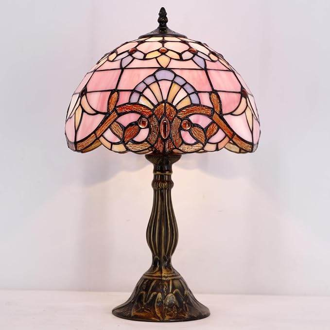 WERFACTORY Tiffany Lamp Bedside Pink Stained Glass Table Lamp 18 Inch Tall