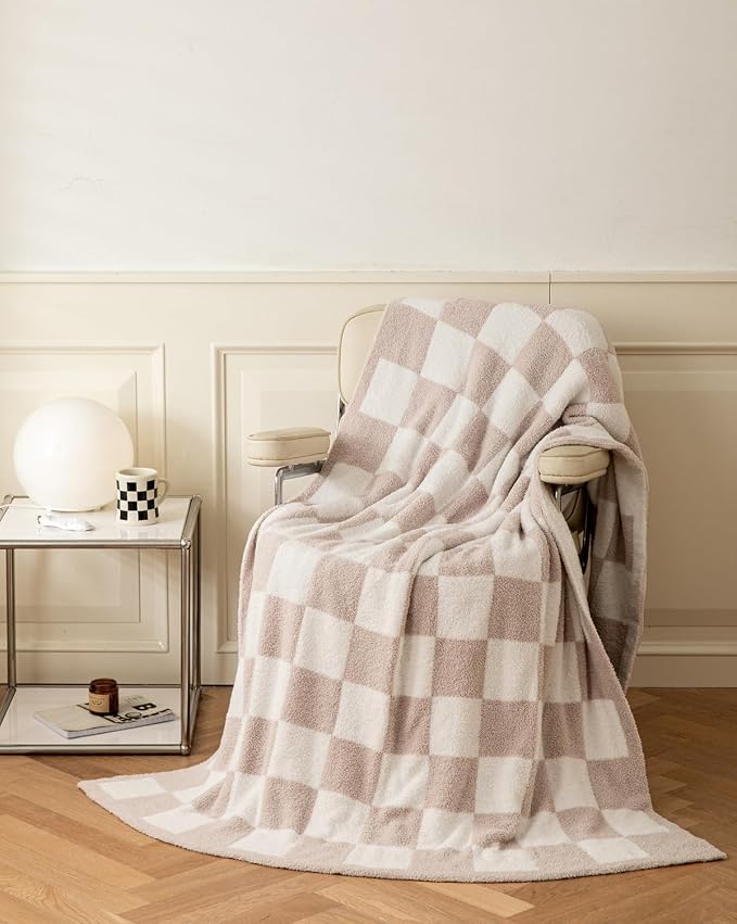 REPRECONF Ultra Soft Cozy Buffalo Checkerboard Grid Fluffy Microfiber Knitted Bed Blanket Super Soft Cozy Lightweight Fleece Checkered Bed Blanket for Sofa Couch Bed Travel Cream Twin Size 60''X80''