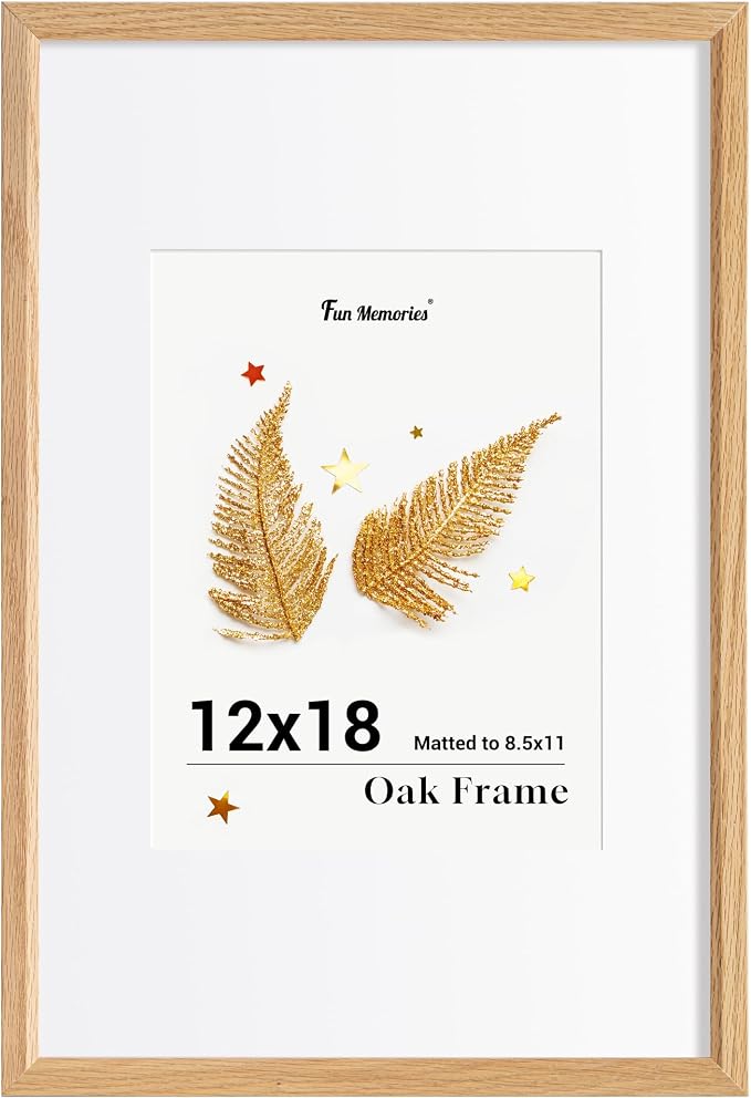 Fun Memories 12x18 Oak Picture Frame for Wall, 12x18 Frame with Matted to 8.5x11, Solid Wood Picture Frames for Wall Art Photo and Prints (Natural, 1 Pack)