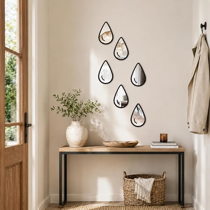 1 Set 6pcs Teardrop Mirror Wall Stickers, Self Adhesive Decorative Mirror Tiles, 5.9 x 3.5 Inch Water Drop Wall Mirror Decor for Bedroom Bathroom Living Room Entryway Modern Boho Accent