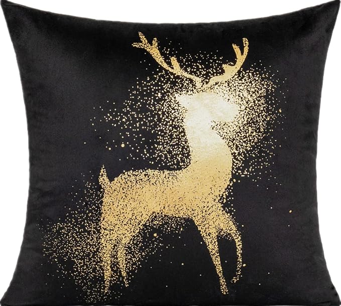 All Smiles Black Christmas Gold Throw Pillow Covers Xmas Cases Decorations 18X18 Set of 4 Décor Indoor Home Soft Velvet Decorative Navidad Cushion for Sofa Couch Tree Snowflake Reindeer