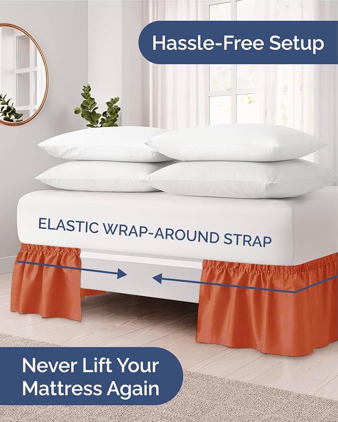 Wrap Around Dust Ruffle Bed Skirt - Terracotta - for Twin Size Beds w/ 16 Inch Drop - Easy Fit Elastic Strap - Adjustable Pleated Bedskirt w/Brushed Fabric - Wrinkle Free - Women, Men, Kids & Teens