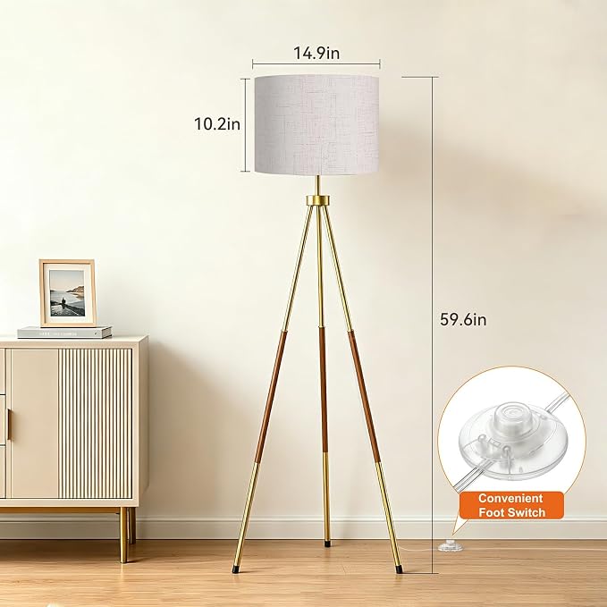 SIBRILLE Mid Century Wood Tripod Floor Lamp with Remote & Foot Switch