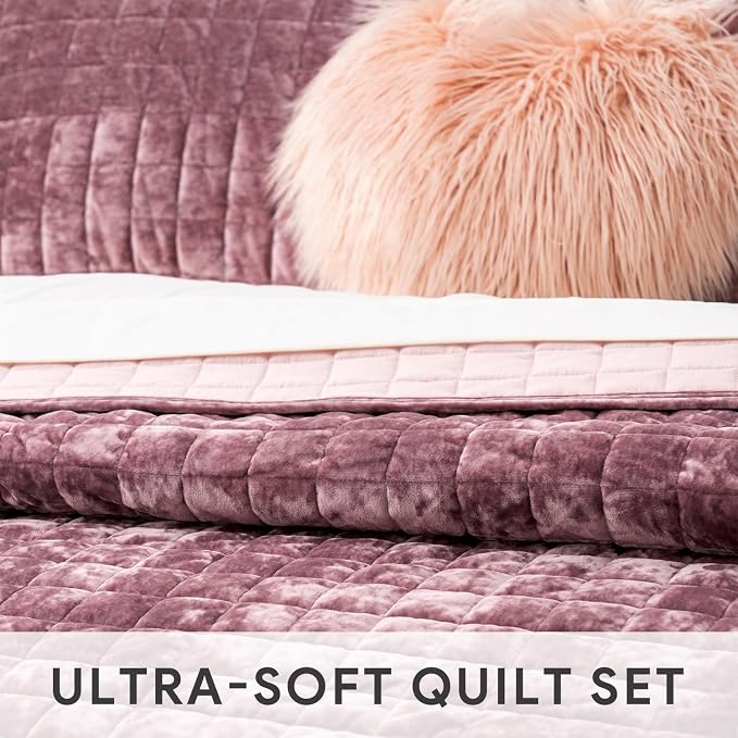 RECYCO Channel Box Stitch Velvet Quilt Set, King Size, Dusty Mauve Pink | Ultra Soft Lightweight Velvet Comforter, Luxury Oversized Bedspread Coverlet, Quilted Bedding Set for All Season with 2 Shams