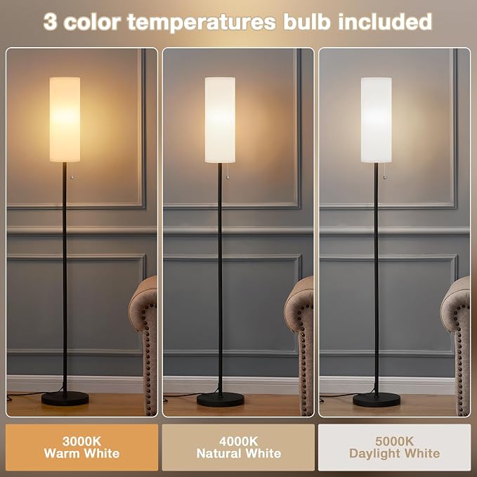 Ambimall Floor Lamp with Bulb & Lampshade & Chain Switch Set of 2, White