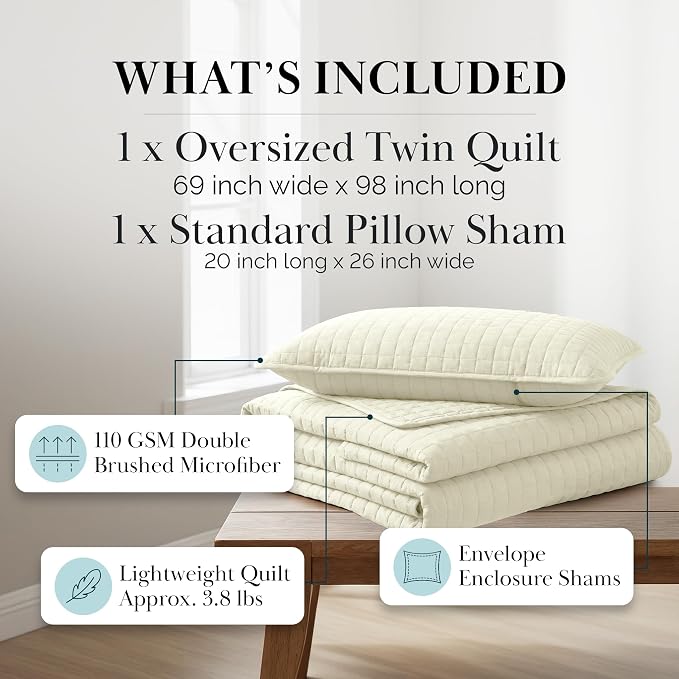 Southshore Fine Living, Inc. Twin XL Quilt Bedding Set, Soft Brushed Microfiber Bedspread Coverlet, Stain and Pet Hair Resistant Bedding, XL/Twin Size Quilt Set with 1 Pillow Sham, Cream