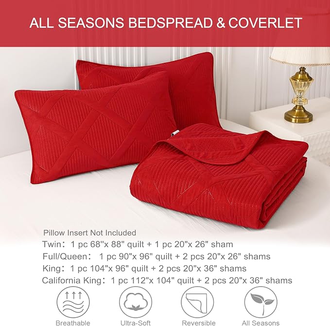 Exclusivo Mezcla California King Size Quilt, Red | Soft Bedspreads with 2 Pillow Shams, Modern Striped Pattern, Lightweight Bedding Set Coverlets for All Seasons, 112x104 Inch