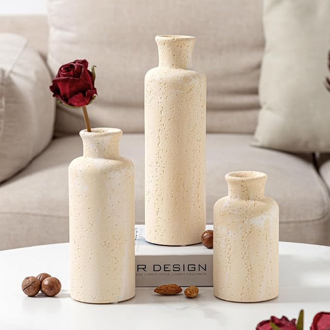 Small Flower Vase Set, Travertine Stone Look, 3 PCS, Yellow | for Pampas Grass, Farmhouse Decor, Kitchen, Living Room, Bathroom, Bedroom, Office, Shelf Centerpiece Table Decoration