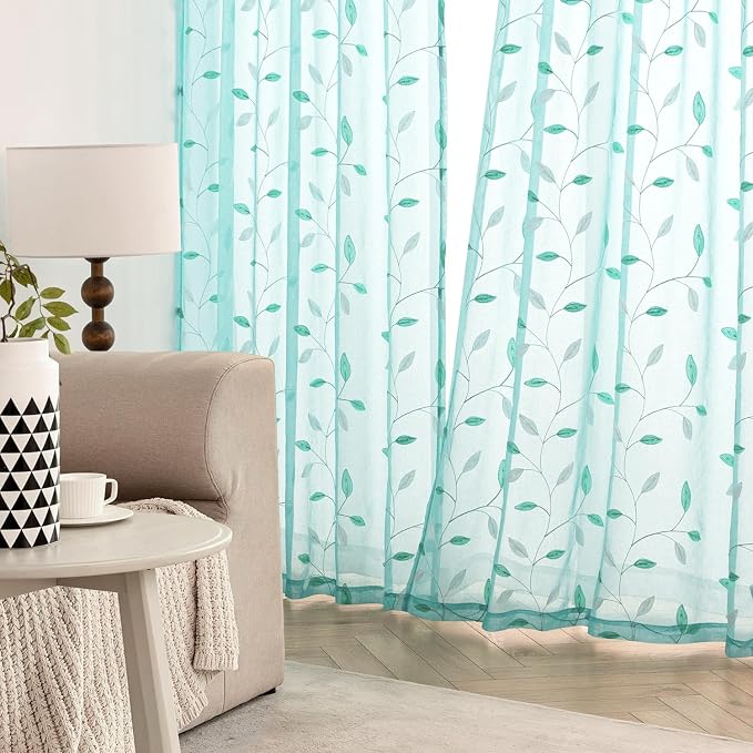 MIULEE Turquoise Sheer Curtains 2 Panels Leaf Patterned, W52 x L96 | Embroidered Floral Semi Sheer,Rod Pocket,Faux Linen,Short Window Curtains Drapes Set for Kitchen/Bathroom/Cafe