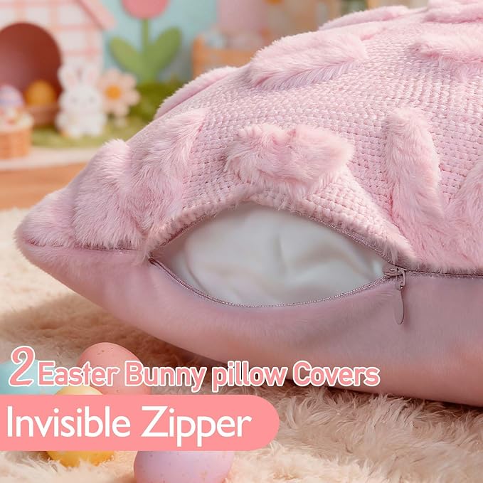 ONFAON Easter Decorations-Easter Pillow Covers 18x18 inch Set of 2 Soft Plush Faux Wool Pink Throw Pillows for Bedroom Sofa Holiday Festivals Home Decor