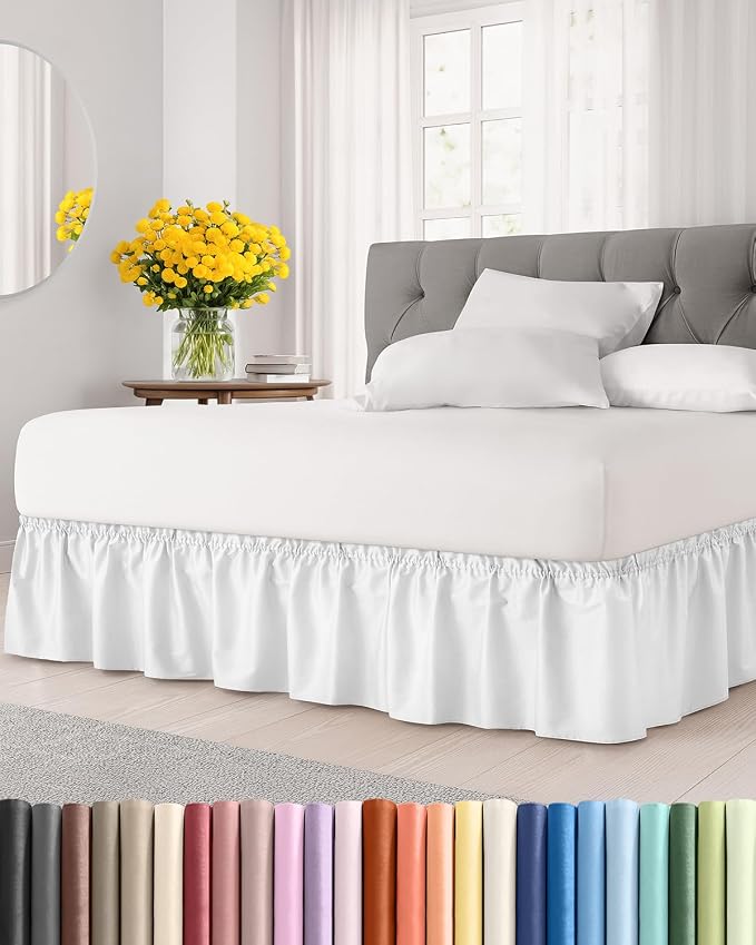 Wrap Around Dust Ruffle Bed Skirt - College Dorm Room - Twin/Twin XL | White, 15 Inch Drop, Elastic Strap & Adjustable Pleated Bedskirt, Wrinkle & Fade Free, for Women, Men, Students, Kids & Teens