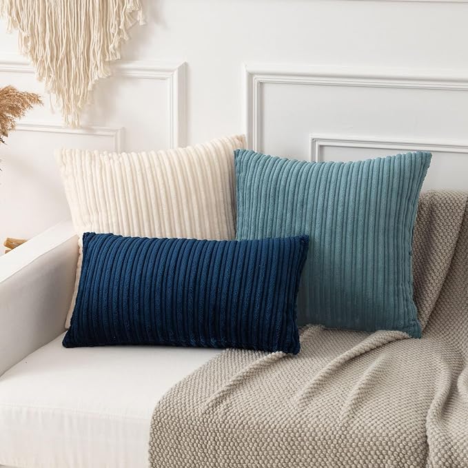 Kevin Textile Striped Corduroy 18”x18” Pillow Covers 2 Pack, Blue Grey