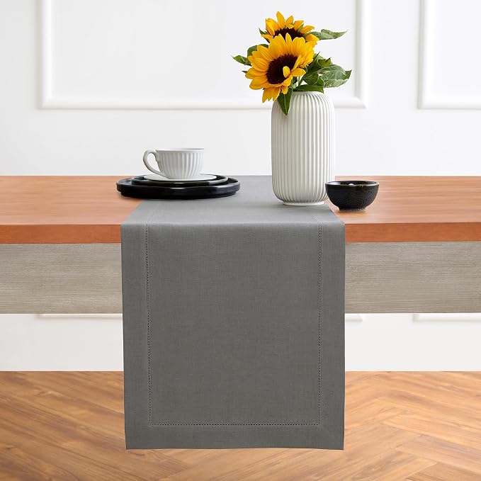 Solino Home 100% Pure Linen Table Runner Gray, Classic Hemstitch 14 x 90 in | Table Runners for 6-8 seater dining tables, hallway tables and consoles | soft plain weave | Steel Gray | OEKO-TEX Certified
