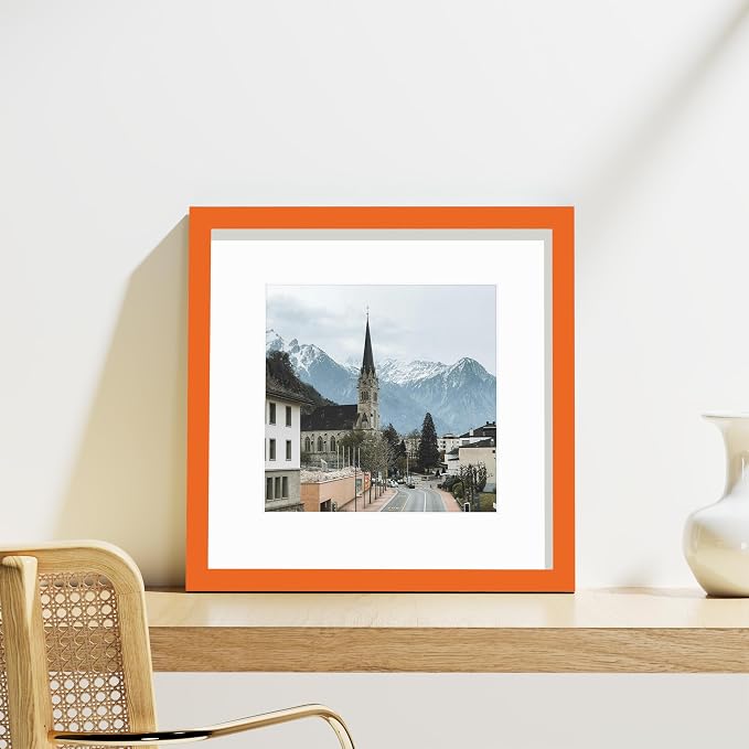 Vittanly 12x12 Picture Frames Set of 9 for Wall Mounting, Orange | Display Pictures 8x8 with Mat or 12x12 without Mat for Wall Mounting, Square Photo Frames for Home Decor, Engineered Wood