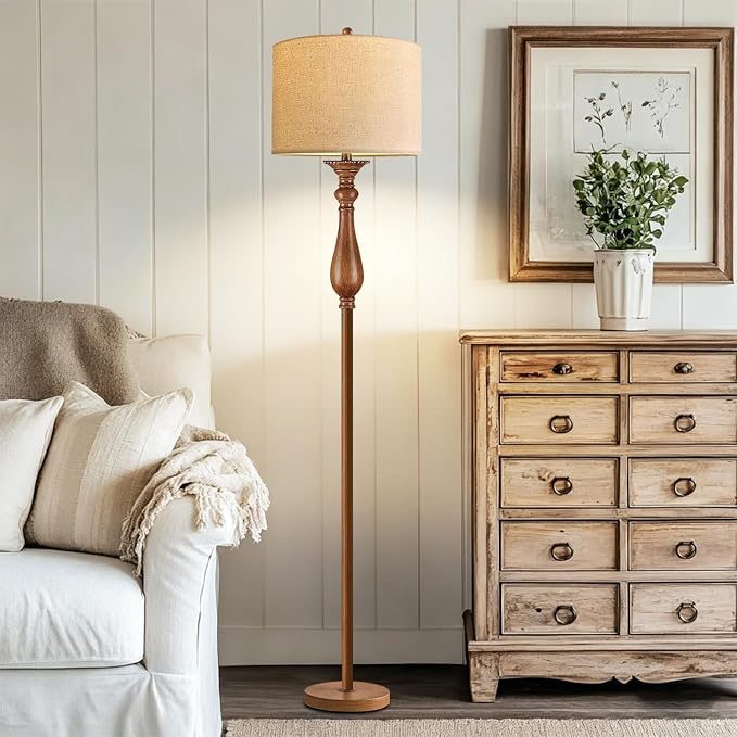 ILLMTW Wood Floor Lamp for Living Room,Bedroom,Vintage Mid Century Modern Standing Lamp with Remote Dimmable,Boho Gold Tall Lamp Fabric Lamp Shade Floor Lights Bohemian Tiffany Style