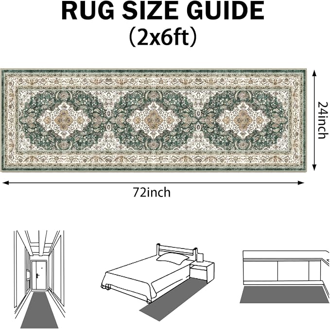 AooHHooA Boho Washable 2x6 Runner Rugs Green Non Slip Low Pile Vintage Runner Rug, Stain Resistant Soft Faux Wool Runners for Hallway Laundry Entryway Bedroom