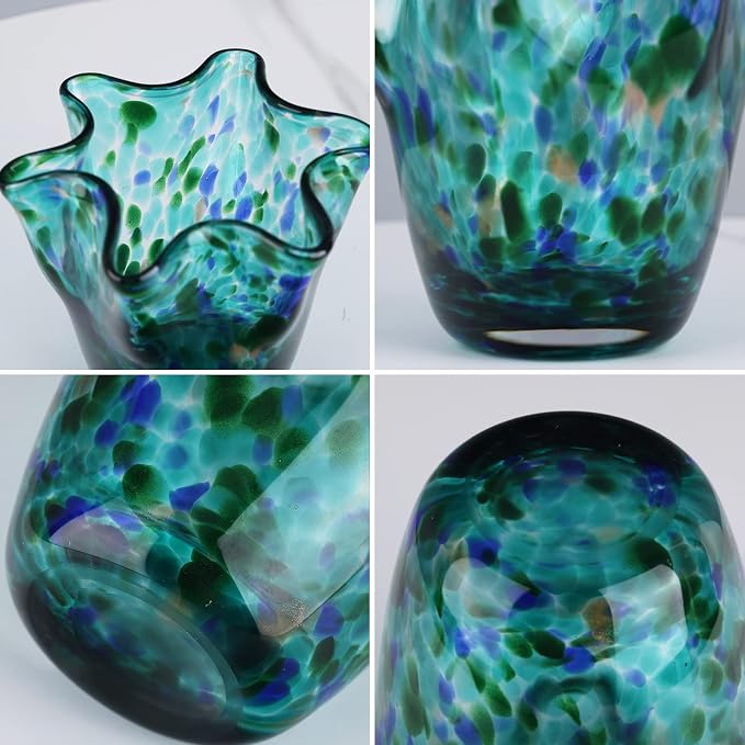 Hand Blown Glass vase, Green Wide-Mouth Petal-Shaped vase, Modern Glass Art Decoration, Ideal for Living Rooms, Kitchens, Weddings, Dining Tables, and Office Centerpiece Floral Arrangements.