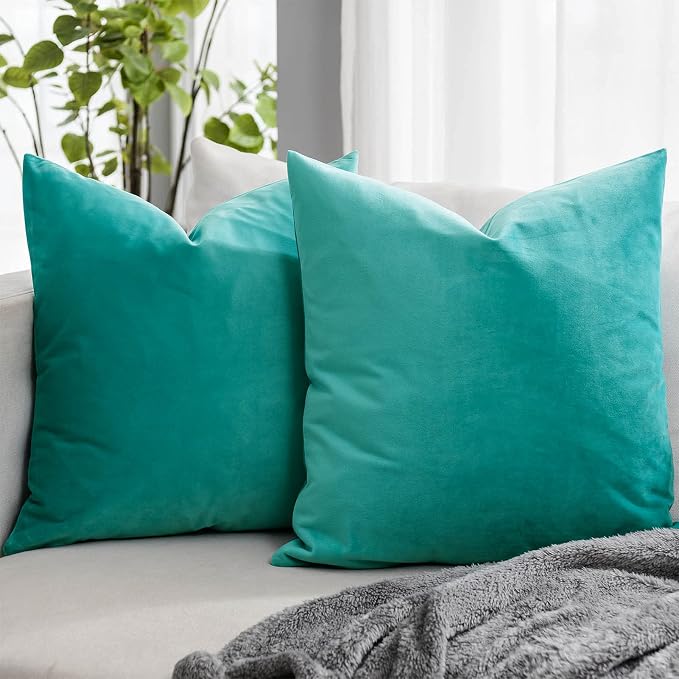 Turquoise Soft Velvet Throw Pillow Covers 28x28 inch Set of 2 for Sofa Couch Bed Living Room Decorative Luxury Solid Square Cushion Covers Case with Zipper