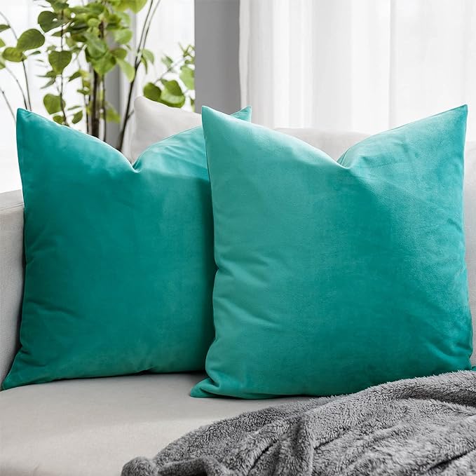Turquoise Velvet Throw Pillow Covers 2 Pack of Luxurious 16x16 Inch Cushion Cases for Couch Sofa Bed Soft Stylish Glamorous Home Decor Perfect Sofa Accessories for an Elegant Touch