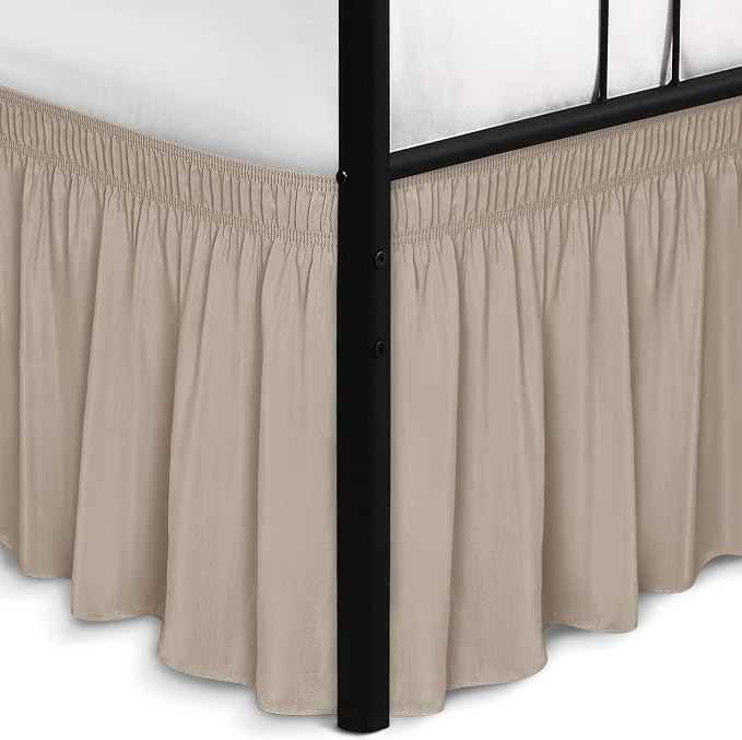 Wrap Around Full Size Bed Skirt Split Corners 15" Drop-Elastic Dust Ruffle | Light Camel Adjustable Pleated Bedskirt-Easy Fit Wrinkle Resistant Washable Bed Skirting-Hotels Apartment Guest Bedroom