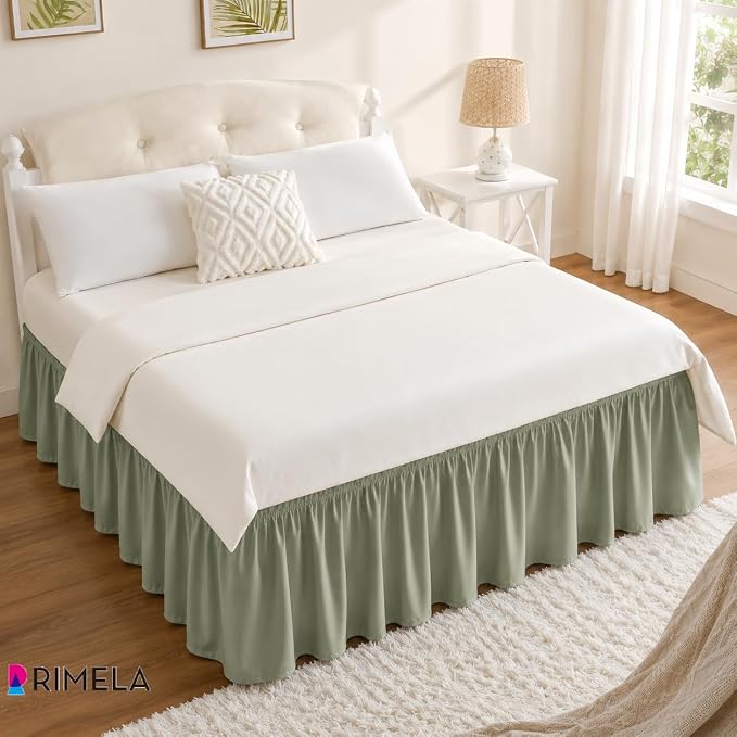 Sage Green Bed Skirt King Size 15" Drop, Elastic Wrap Around Bedskirt | Solid Ruffled, Easy to Use, No Mattress Lifting, Wrinkle & Fade Resistant, with Adhesive Strips, Machine Wash/Dry/Iron