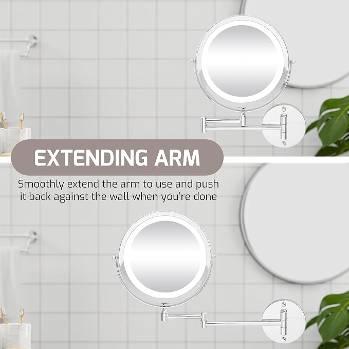 OVENTE 9" Wall Mounted Lighted Makeup Mirror, Polished Chrome MFW85CH1X10X | Cordless Double Sided 1X/10X Magnifying Mirror for Bathroom with LED Lights, 360° Rotation, Extendable Arm, Battery Operated