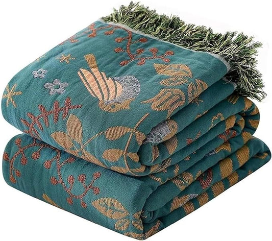 Boho Throw Blanket for Bed 100% Cotton Bohemian Blankets Ultra Soft Woven Muslin Decorative Blankets All Seasons Vintage Quilt Knitted Blanket for Sofa Chair(Blue, 80"x90")
