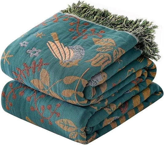 Boho Throw Blanket for Bed 100% Cotton Bohemian Blankets Ultra Soft Woven Muslin Decorative Blankets All Seasons Vintage Quilt Knitted Blanket for Sofa Chair(Blue, 60"x80")