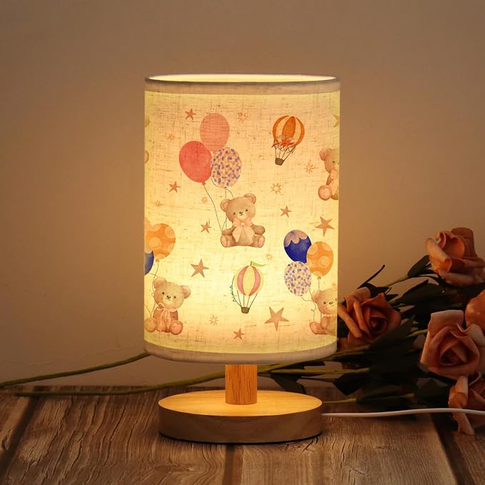 WSYEAR Bear Kids Table Lamp for Bedroom Kids Bedside Lamp with Linen Wooden Nightstand Cartoon Nursery Lampshade for Girls Boys Living Room