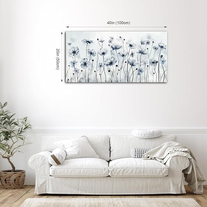 VEAEE Framed Flowers Canvas Wall Art - Indigo Floral Canvas Pictures, Living Room Wall Decor, Botanical Canvas Prints Painting Abstract Artwork Bedroom Office Home Decor 20"x 40"