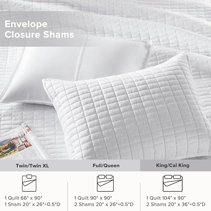 Comfort Spaces Kienna King Quilt Bedding Set 3 Piece, 104"x90" White | Soft Cozy Lightweight Summer Coverlet Cal King, Quilted Bedspreads Extra Layer, Modern Casual Bedroom Decor, OEKO-TEX