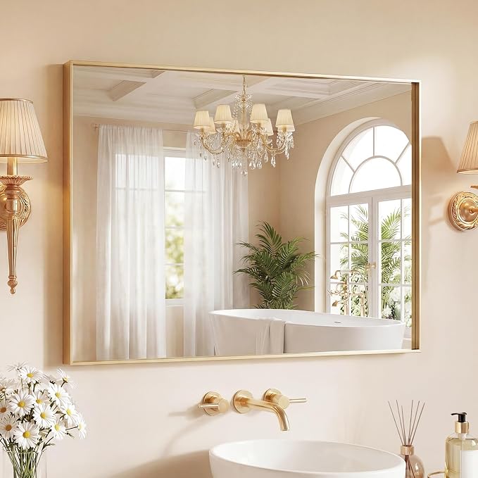 Bathroom Mirrors for Over Sink, 30" x 36" Rectangle Wall Mount Mirror with Metal Frame, Modern Vanity Mirror with Tempered Glass, for Home Decor, Anti-Rust, Gold