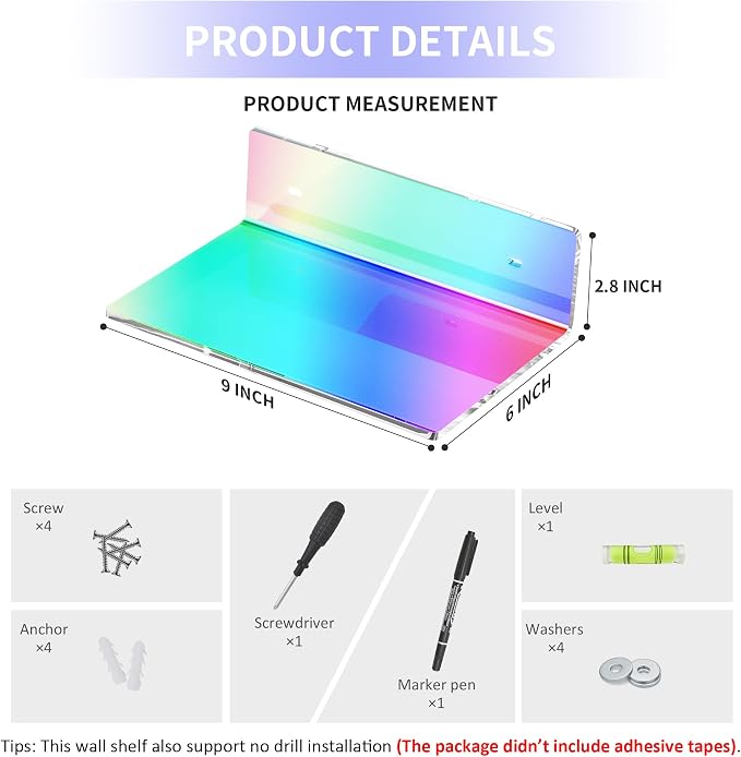 Sezanrpt 9 Inches Iridescent Floating Shelves Acrylic, White Wall Shelves for Living Room Décor, Bedroom, Bathroom, Kitchen, Dining Room, Brand Store, Retails, Gaming Room, 2 Pack