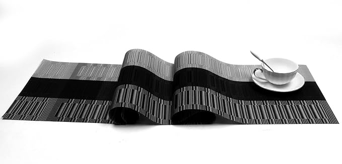 SHACOS Woven Vinyl Table Runner PVC Table Runner 12 x 71 inch Wipe Clean Indoor Outdoor, Ombre Black and Gray
