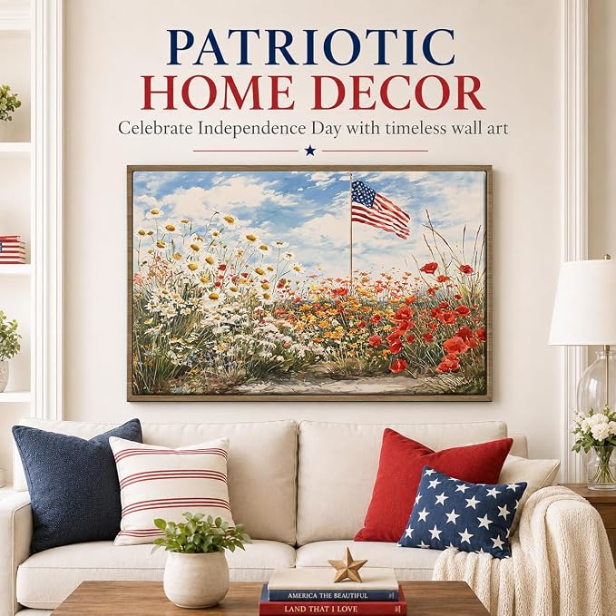 American Flag Framed Canvas Wall Art, 4th of July Patriotic Canvas Prints | Wildflower Landscape Poster Print, Vintage Rustic Independence Day Wall Decor for Bedroom Living Room Office 12×16in